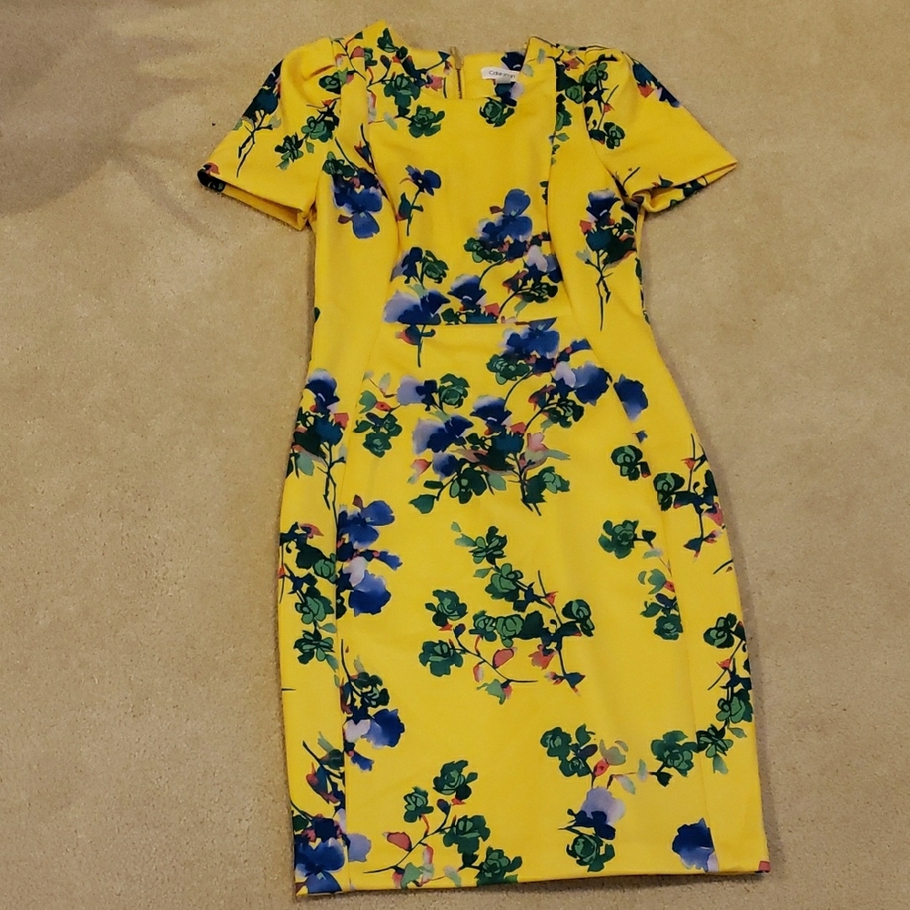 Calvin Klein Yellow and Blue Sheath Midi Dress